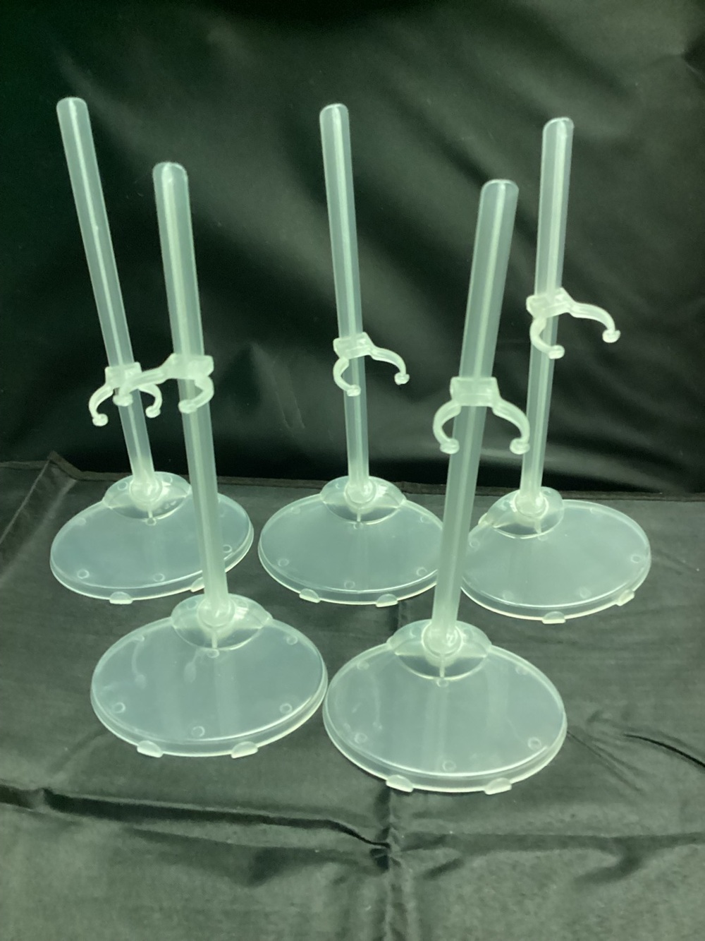 Set of 5 New Clear Plastic Display doll Stands with Peg Holders